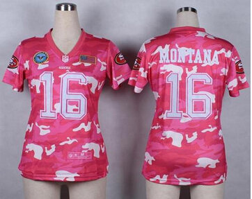Women's NEW 49ers #16 Joe Montana Pink NFL Elite Camo Fashion Jersey