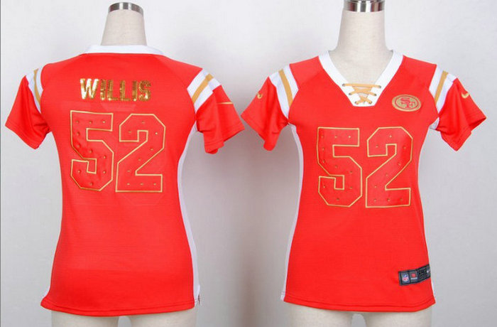 San Francisco 49ers 52 Patrick Willis Women's Draft Him Shimmer V-Neck T-Shirt - Pink