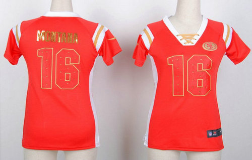 San Francisco 49ers Joe Montana 16# Women's Draft Him Shimmer V-Neck T-Shirt - Pink