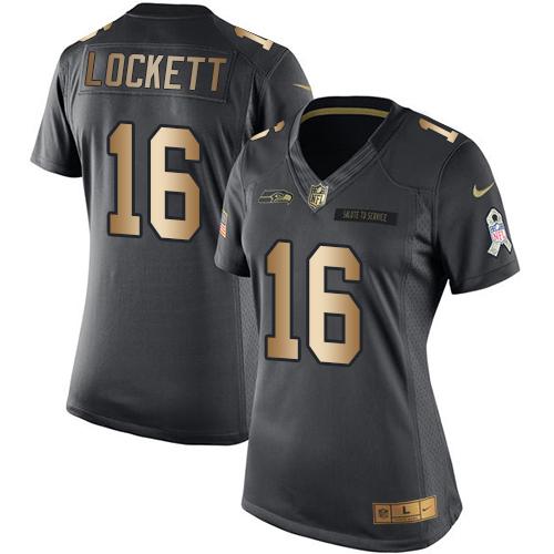 Nike Seahawks #16 Tyler Lockett Black Women's Stitched NFL Limited Gold Salute to Service Jersey Nike Seahawks #16 Tyler Lockett Black Women's Stitched NFL Limited Gold Salute to Service Jersey