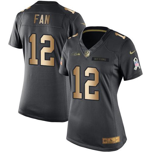 Nike Seahawks #12 Fan Black Women's Stitched NFL Limited Gold Salute to Service Jersey Nike Seahawks #12 Fan Black Women's Stitched NFL Limited Gold Salute to Service Jersey