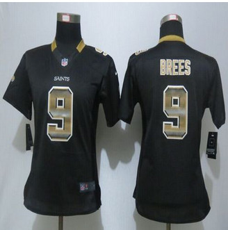 Women Nike New Orleans Saints #9 Drew Brees Black Team Color Stitched NFL Elite Strobe Jersey