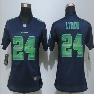 Women New Nike Seattle Seahawks 24 Marshawn Lynch Navy Blue Strobe Elite Jersey
