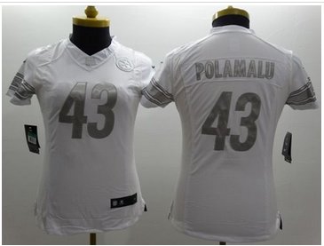 Women New Steelers #43 Troy Polamalu White Stitched NFL Limited Platinum Jersey