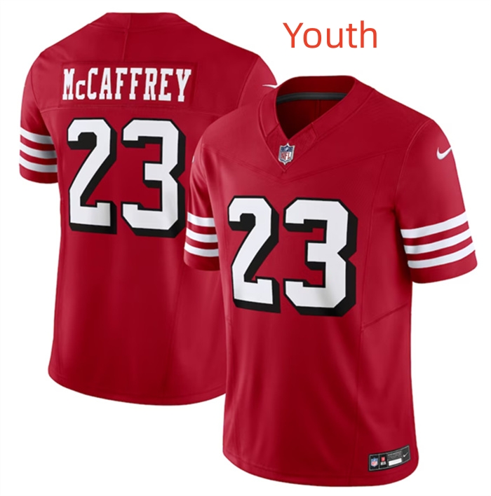 Youth San Francisco 49ers #23 Christian McCaffrey New Red 2023 F.U.S.E. Vapor Untouchable Limited Stitched Football Jersey Youth San Francisco 49ers #23 Christian McCaffrey New Red 2023 F.U.S.E. Vapor Untouchable Limited Stitched Football Jersey