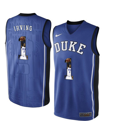 Duke Blue Devils 1 Kyrie Irving Blue With Portrait Print College Basketball Jersey2