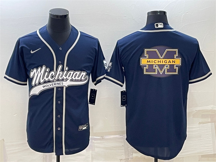 Men's Michigan Wolverines Navy Team Big Logo With Patch Cool Base Stitched Baseball Jersey Men's Michigan Wolverines Navy Team Big Logo With Patch Cool Base Stitched Baseball Jersey