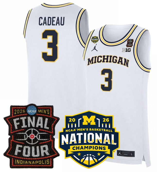 Men's Michigan Wolverines #3 Elliot Cadeau White 2025 26 Final Four & National Champions Patch Stitched Basketball Jersey