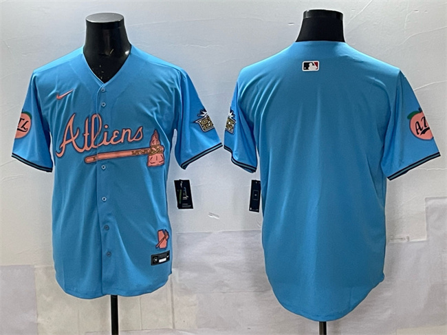 Men's Atlanta Braves Blank Blue 2024 Atliens & Peach With Outkast Patch Vapor Limited Stitched Baseball Jersey Men's Atlanta Braves Blank Blue 2024 Atliens & Peach With Outkast Patch Vapor Limited Stitched Baseball Jersey