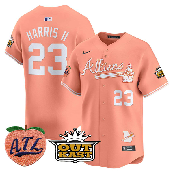 Men's Atlanta Braves #23 Michael Harris II Peach 2024 Atliens & Peach With Outkast Patch Vapor Limited Stitched Baseball Jersey Men's Atlanta Braves #23 Michael Harris II Peach 2024 Atliens & Peach With Outkast Patch Vapor Limited Stitched Baseball Jersey