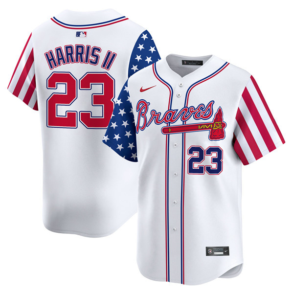 Men's Atlanta Braves #23 Michael Harris II White 2024 Independence Day Vapor Limited Stitched Baseball Jersey Men's Atlanta Braves #23 Michael Harris II White 2024 Independence Day Vapor Limited Stitched Baseball Jersey