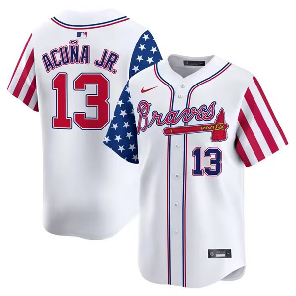 Men's Atlanta Braves #13 Ronald Acu?a Jr. White 2024 Independence Day Vapor Limited Stitched Baseball Jersey Men's Atlanta Braves #13 Ronald Acu?a Jr. White 2024 Independence Day Vapor Limited Stitched Baseball Jersey