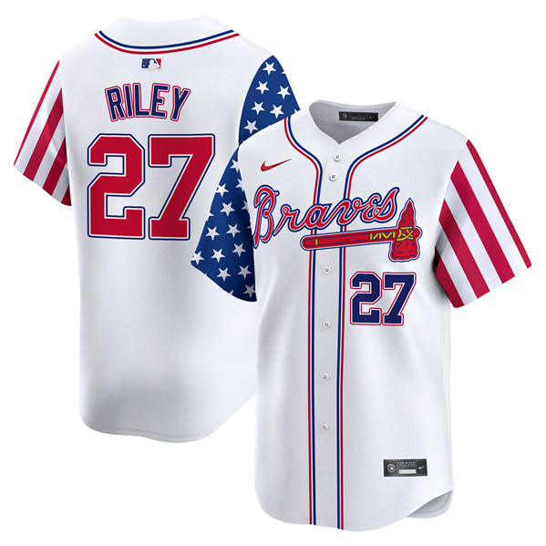 Men's Atlanta Braves #27 Austin Riley White 2024 Independence Day Vapor Limited Stitched Baseball Jersey Men's Atlanta Braves #27 Austin Riley White 2024 Independence Day Vapor Limited Stitched Baseball Jersey