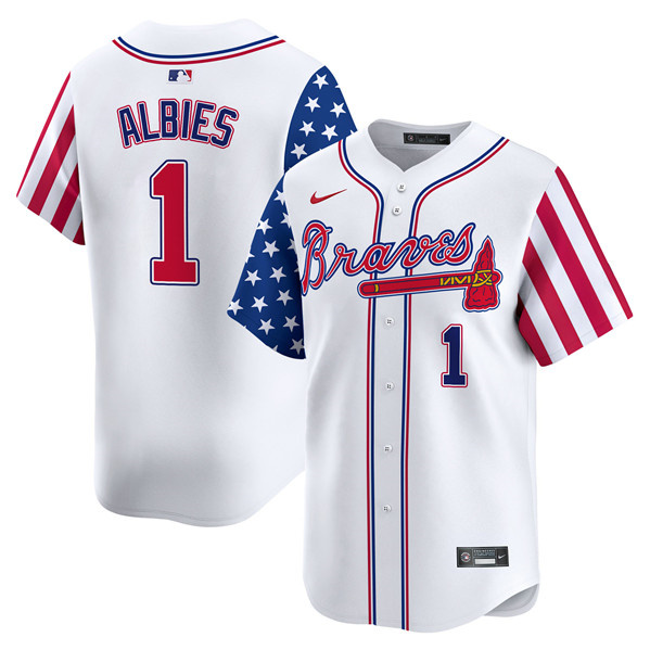 Men's Atlanta Braves #1 Ozzie Albies White 2024 Independence Day Vapor Limited Stitched Baseball Jersey Men's Atlanta Braves #1 Ozzie Albies White 2024 Independence Day Vapor Limited Stitched Baseball Jersey