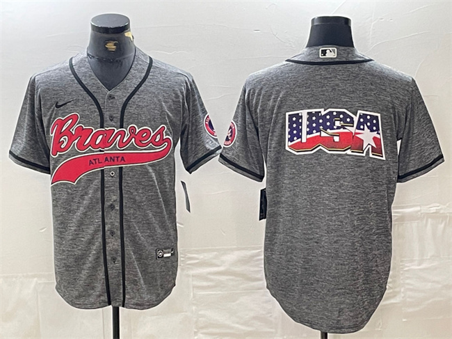 Men's Atlanta Braves Gray Team Big Logo Cool Base With Patch Stitched Baseball Jersey 1 Men's Atlanta Braves Gray Team Big Logo Cool Base With Patch Stitched Baseball Jersey 1