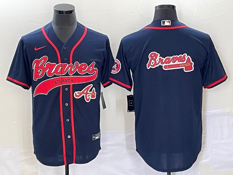 Men's Atlanta Braves Navy Team Big Logo Cool Base With Patch Stitched Baseball Jersey Men's Atlanta Braves Navy Team Big Logo Cool Base With Patch Stitched Baseball Jersey
