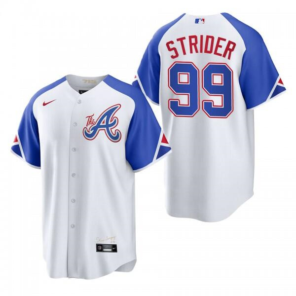 Men's Atlanta Braves #99 Spencer Strider White 2023 City Connect Cool Base Stitched Baseball Jersey Men's Atlanta Braves #99 Spencer Strider White 2023 City Connect Cool Base Stitched Baseball Jersey