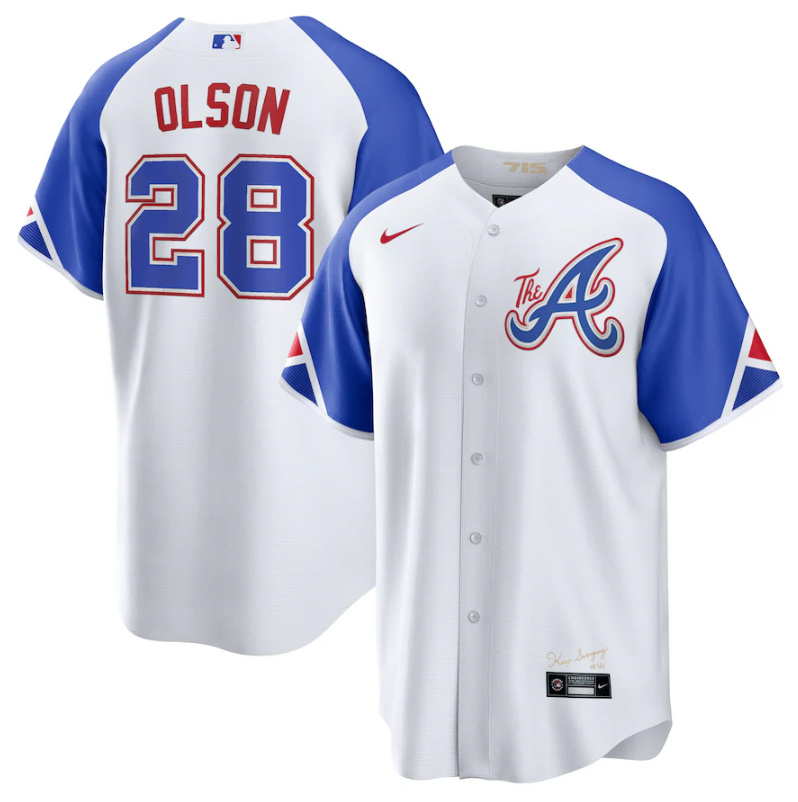 Men's Atlanta Braves #28 Matt Olson White 2023 City Connect Cool Base Stitched Baseball Jersey Men's Atlanta Braves #28 Matt Olson White 2023 City Connect Cool Base Stitched Baseball Jersey