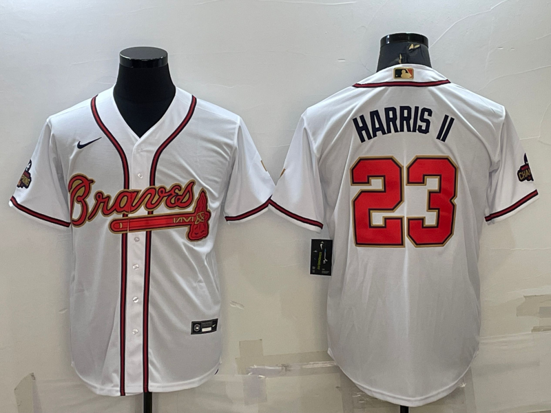 Men's Atlanta Braves #23 Michael Harris II White Gold World Series Champions Program Cool Base Stitched Baseball Jersey Men's Atlanta Braves #23 Michael Harris II White Gold World Series Champions Program Cool Base Stitched Baseball Jersey