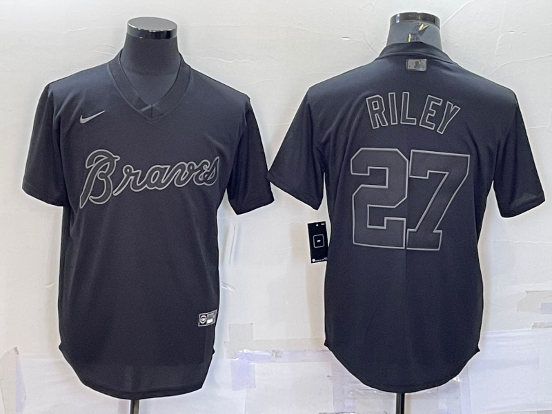 Men's Atlanta Braves #27 Austin Riley Black Pitch Black Fashion Replica Stitched Jersey Men's Atlanta Braves #27 Austin Riley Black Pitch Black Fashion Replica Stitched Jersey