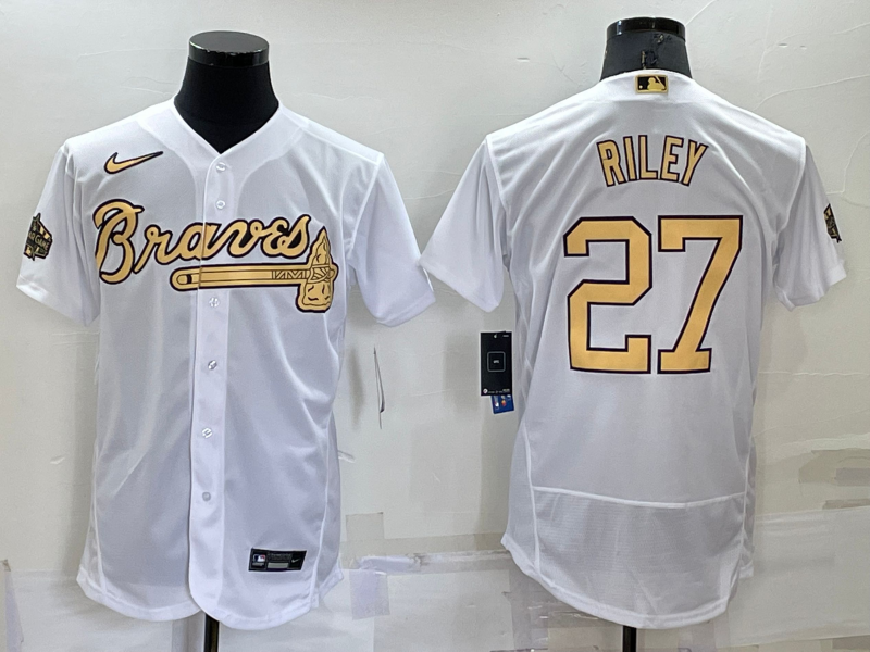 Men's Atlanta Braves #27 Austin Riley 2022 All-Star White Flex Base Stitched Baseball Jersey Men's Atlanta Braves #27 Austin Riley 2022 All-Star White Flex Base Stitched Baseball Jersey