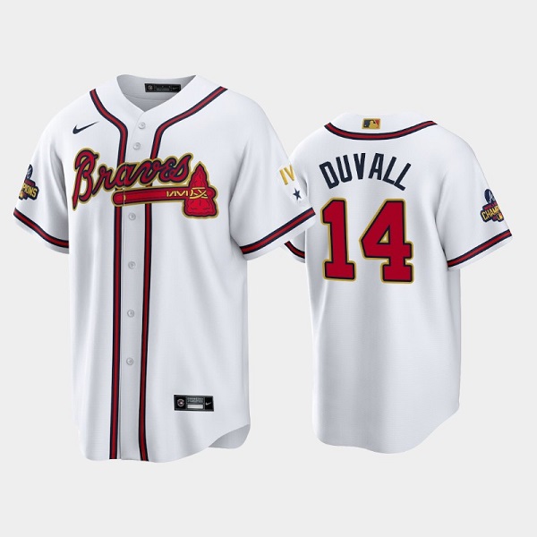 Men's Atlanta Braves #14 Adam Duvall 2022 White Gold World Series Champions Program Cool Base Stitched Baseball Jersey Men's Atlanta Braves #14 Adam Duvall 2022 White Gold World Series Champions Program Cool Base Stitched Baseball Jersey
