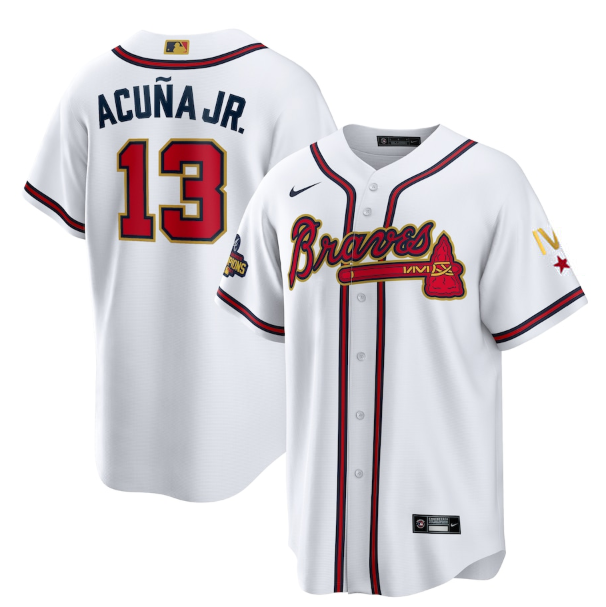 Men's Atlanta Braves #13 Ronald Acu?a Jr. 2022 White Gold World Series Champions Program Cool Base Stitched Baseball Jersey Men's Atlanta Braves #13 Ronald Acu?a Jr. 2022 White Gold World Series Champions Program Cool Base Stitched Baseball Jersey