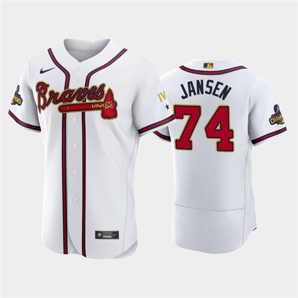 Men's Atlanta Braves #74 Kenley Jansen 2022 White Gold World Series Champions Program Flex Base Stitched Baseball Jersey Men's Atlanta Braves #74 Kenley Jansen 2022 White Gold World Series Champions Program Flex Base Stitched Baseball Jersey