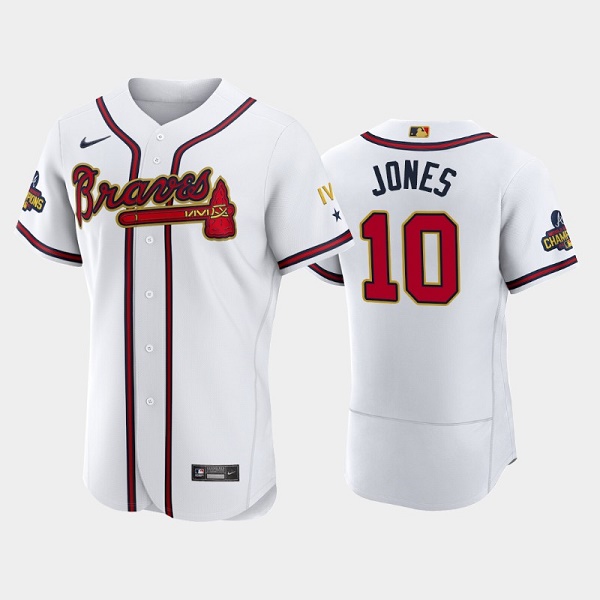 Men's Atlanta Braves #10 Chipper Jones 2022 White Gold World Series Champions Program Flex Base Stitched Baseball Jersey Men's Atlanta Braves #10 Chipper Jones 2022 White Gold World Series Champions Program Flex Base Stitched Baseball Jersey