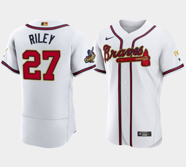 Men's Atlanta Braves #27 Austin Riley 2022 White Gold World Series Champions Program Flex Base Stitched Baseball Jersey Men's Atlanta Braves #27 Austin Riley 2022 White Gold World Series Champions Program Flex Base Stitched Baseball Jersey