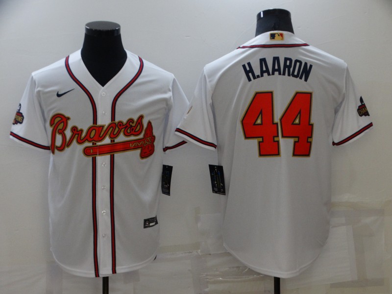 Men's Atlanta Braves #44 Hank Aaron 2022 White Gold World Series Champions Program Cool Base Stitched Baseball Jersey Men's Atlanta Braves #44 Hank Aaron 2022 White Gold World Series Champions Program Cool Base Stitched Baseball Jersey