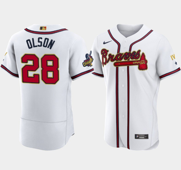 Men's Atlanta Braves #28 Matt Olson 2022 White Gold World Series Champions Program Flex Base Stitched Baseball Jersey Men's Atlanta Braves #28 Matt Olson 2022 White Gold World Series Champions Program Flex Base Stitched Baseball Jersey