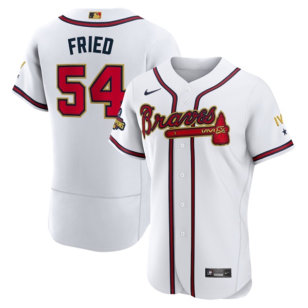 Men's Atlanta Braves #54 Max Fried 2022 White Gold World Series Champions Program Flex Base Stitched Baseball Jersey Men's Atlanta Braves #54 Max Fried 2022 White Gold World Series Champions Program Flex Base Stitched Baseball Jersey
