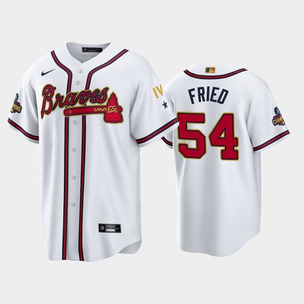 Men's Atlanta Braves #54 Max Fried 2022 White Gold World Series Champions Program Cool Base Stitched Baseball Jersey Men's Atlanta Braves #54 Max Fried 2022 White Gold World Series Champions Program Cool Base Stitched Baseball Jersey
