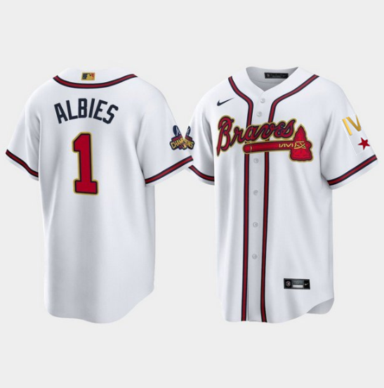Men's Atlanta Braves #1 Ozzie Albies 2022 White Gold World Series Champions Program Cool Base Stitched Baseball Jersey Men's Atlanta Braves #1 Ozzie Albies 2022 White Gold World Series Champions Program Cool Base Stitched Baseball Jersey