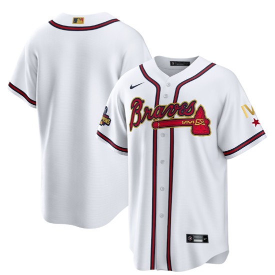 Men's Atlanta Braves Blank 2022 White Gold World Series Champions Program Cool Base Stitched Baseball Jersey Men's Atlanta Braves Blank 2022 White Gold World Series Champions Program Cool Base Stitched Baseball Jersey