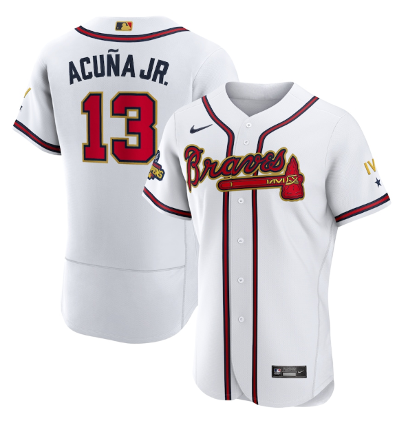Men's Atlanta Braves #13 Ronald Acu?a Jr. 2022 White Gold World Series Champions Program Flex Base Stitched Baseball Jersey Men's Atlanta Braves #13 Ronald Acu?a Jr. 2022 White Gold World Series Champions Program Flex Base Stitched Baseball Jersey