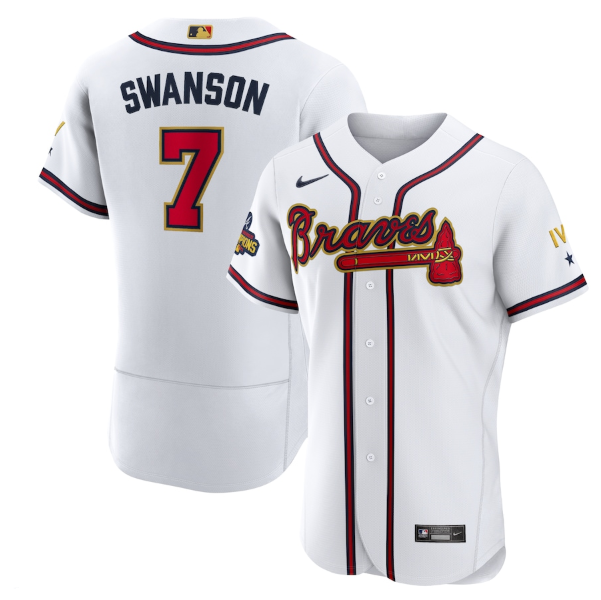 Men's Atlanta Braves #7 Dansby Swanson 2022 White Gold World Series Champions Program Flex Base Stitched Baseball Jersey Men's Atlanta Braves #7 Dansby Swanson 2022 White Gold World Series Champions Program Flex Base Stitched Baseball Jersey