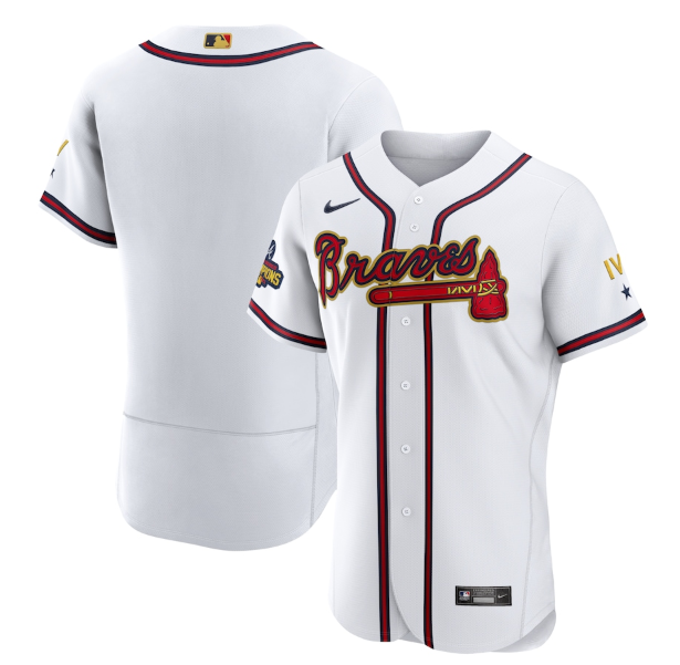 Men's Atlanta Braves Blank 2022 White Gold World Series Champions Program Flex Base Stitched Baseball Jersey Men's Atlanta Braves Blank 2022 White Gold World Series Champions Program Flex Base Stitched Baseball Jersey