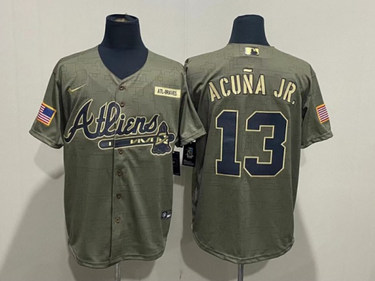 Men's Atlanta Braves #13 Ronald Acuna Jr. 2021 Camo Salute To Service Cool Base Stitched Jersey Men's Atlanta Braves #13 Ronald Acuna Jr. 2021 Camo Salute To Service Cool Base Stitched Jersey