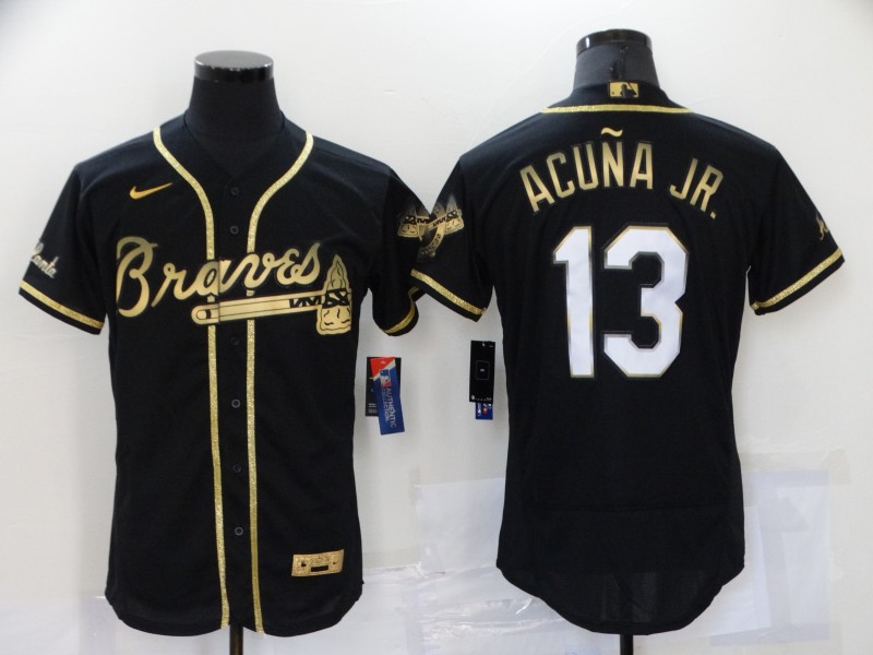 Men's Atlanta Braves #13 Ronald Acuna Jr Black 2021 Golden Edition Stitched Flex Base Nike Jersey Men's Atlanta Braves #13 Ronald Acuna Jr Black 2021 Golden Edition Stitched Flex Base Nike Jersey