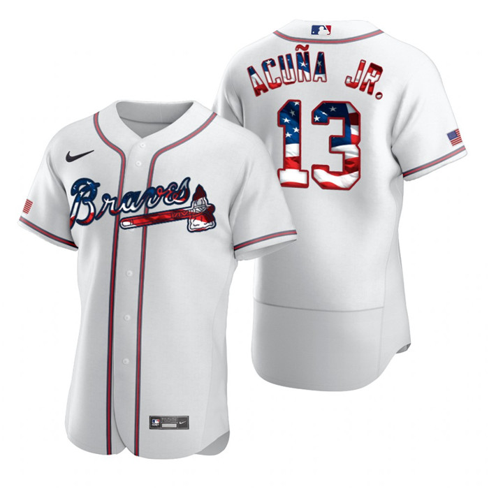 Braves 13 Ronald Acuna Jr. White USA Flag Fashion Nike Cool Base Jersey Braves 13 Ronald Acuna Jr. White USA Flag Fashion Nike Cool Base Jersey