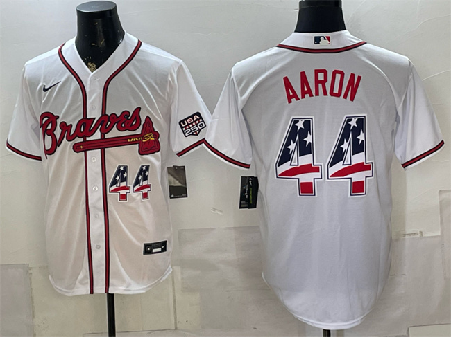 Men's Atlanta Braves #44 Hank Aaron White USA 250 Fourth of July Home Stadium Stitched Baseball Jersey Men's Atlanta Braves #44 Hank Aaron White USA 250 Fourth of July Home Stadium Stitched Baseball Jersey