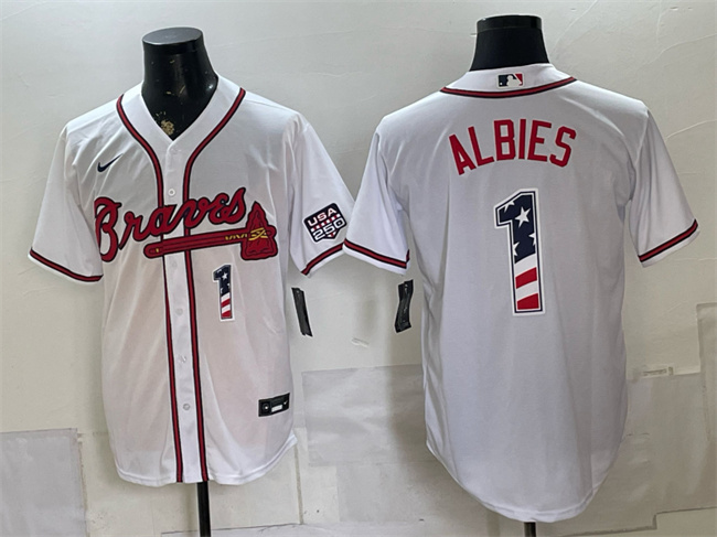 Men's Atlanta Braves #1 Ozzie Albies White USA 250 Fourth of July Home Stadium Stitched Baseball Jersey Men's Atlanta Braves #1 Ozzie Albies White USA 250 Fourth of July Home Stadium Stitched Baseball Jersey