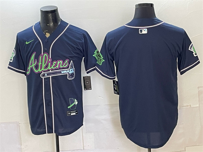 Men's Atlanta Braves Blank Navy Galaxy With Outkast Patch Vapor Limited Stitched Baseball Jersey Men's Atlanta Braves Blank Navy Galaxy With Outkast Patch Vapor Limited Stitched Baseball Jersey