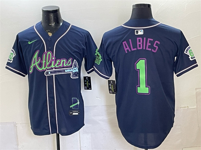 Men's Atlanta Braves #1 Ozzie Albies Navy Galaxy With Outkast Patch Vapor Limited Stitched Baseball Jersey Men's Atlanta Braves #1 Ozzie Albies Navy Galaxy With Outkast Patch Vapor Limited Stitched Baseball Jersey