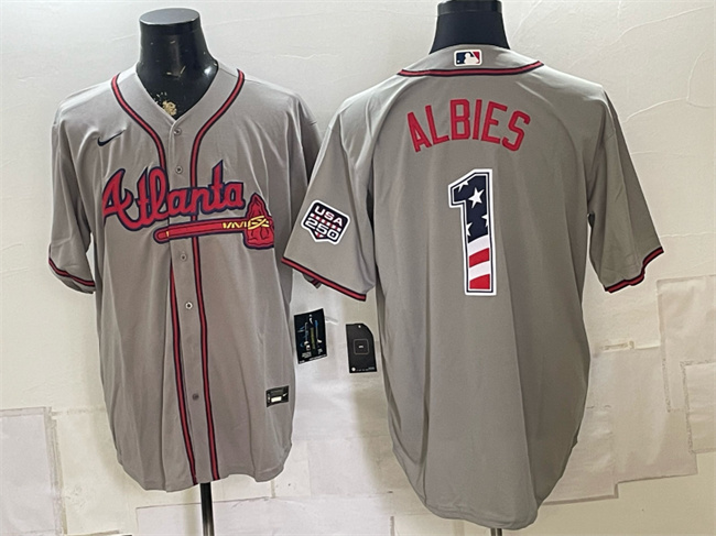 Men's Atlanta Braves #1 Ozzie Albies Grey USA 250 Fourth of July Home Stadium Stitched Baseball Jersey