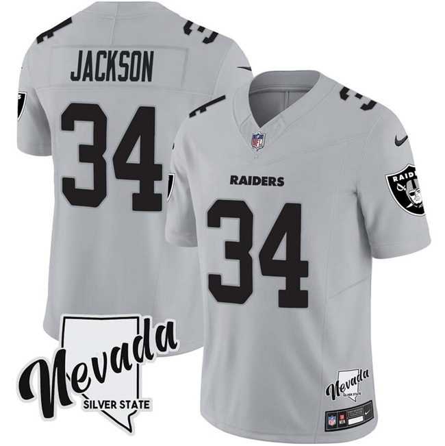 Men's Las Vegas Raiders #34 Bo Jackson Grey F.U.S.E With Nevada Silver Stat Patch Vapor Stitched Football Jersey Men's Las Vegas Raiders #34 Bo Jackson Grey F.U.S.E With Nevada Silver Stat Patch Vapor Stitched Football Jersey