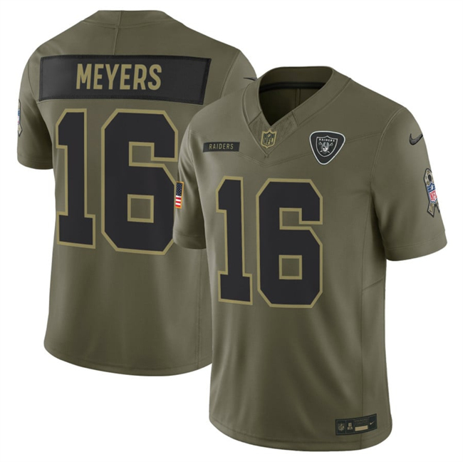 Men's Las Vegas Raiders #16 Jakobi Meyers Olive 2025 F.U.S.E. Salute to Service Limited Stitched Football Jersey Men's Las Vegas Raiders #16 Jakobi Meyers Olive 2025 F.U.S.E. Salute to Service Limited Stitched Football Jersey