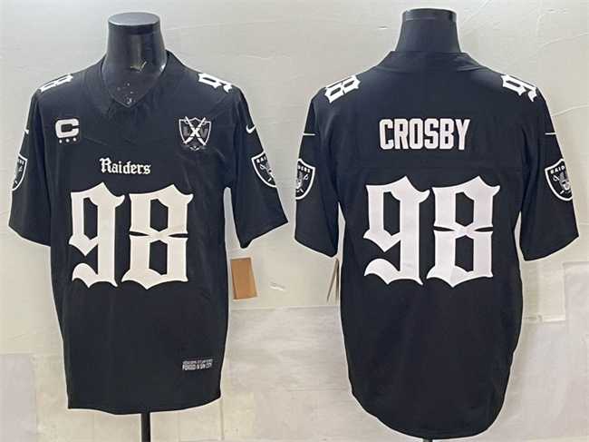 Men's Las Vegas Raiders #98 Maxx Crosby Black F.U.S.E. Gothic Sin City Shadows Edition With 65th Anniversary 3-Star C Patch Vapor Untouchable Limited Stitched Football Jersey Men's Las Vegas Raiders #98 Maxx Crosby Black F.U.S.E. Gothic Sin City Shadows Edition With 65th Anniversary 3-Star C Patch Vapor Untouchable Limited Stitched Football Jersey